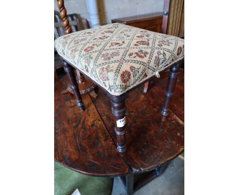 A Regency mahogany square topped, tapestry upholstered dressing stool, width 41cmCONDITION: Some slight wear to under frame b