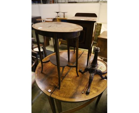 An Edwardian mahogany pot cupboard, an oval occasional table and a Victorian pole screenCONDITION: Pot cupboard - dusty but i