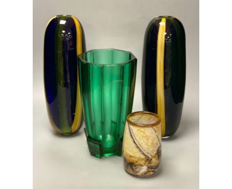 A pair of tall Art glass vases, 33cm, an angular green glass vase, 25cm and a Glory Art glass vase, 13cmCONDITION: Good condi