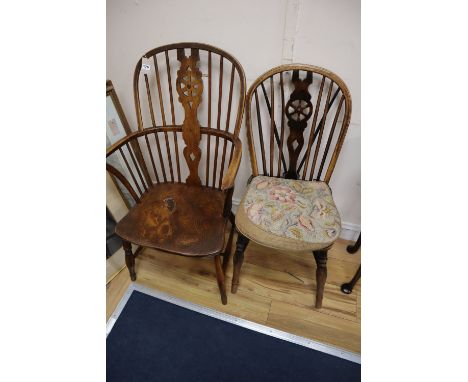 A 19th century ash, beech and elm Windsor wheelback armchair and a Windsor wheelback single chairCONDITION: Windsor chair sli