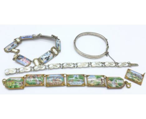 A Norwegian silver and enamel bracelet, a/f, two other enamelled bracelets, one a/f, and a silver bangle