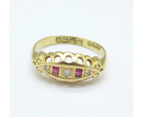 An 18ct gold, ruby and diamond ring, 1.9g, L