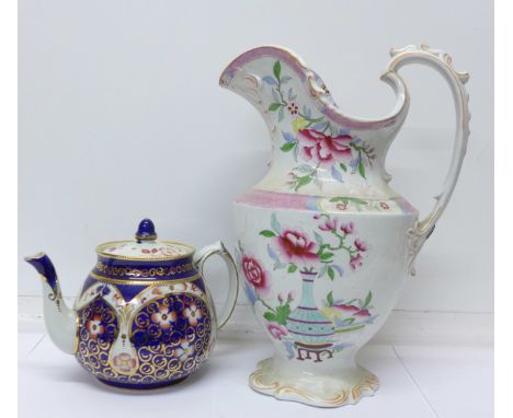 An Imari teapot and a 19th Century transfer printed vase, the base marked March 5 1840 Auckland, John Ridgway, handle with st