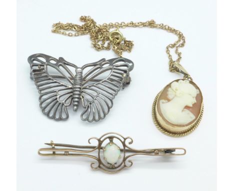 A 9ct gold cameo pendant and chain, a 9ct gold and opal brooch and a 925 silver butterfly brooch