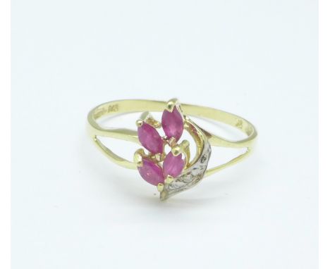 A 9ct gold, ruby and diamond ring, 1g, O