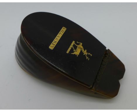 A snuff box in the form of a hoof with yellow metal inlay inscribed Killarney, hinge a/f