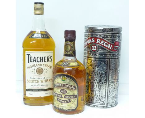 Two bottles, Teacher's Highland Cream Blended Scotch Whisky, 1ltr and a Chivas Regal Blended Scotch Whisky, 75cl, Chivas Rega