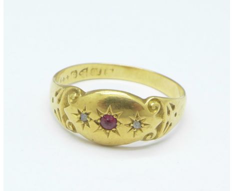 An 18ct gold, diamond and ruby ring, Chester 1902, 2.7g, R