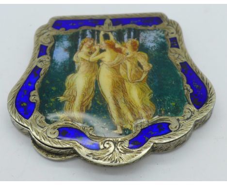 A white metal and enamel Three Graces compact