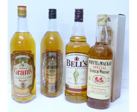 Four bottles of whisky, Grant's Finest Scotch, Grant's Superior Strength, Bell's, all one litre and Whyte &amp; MacKay, 70cl