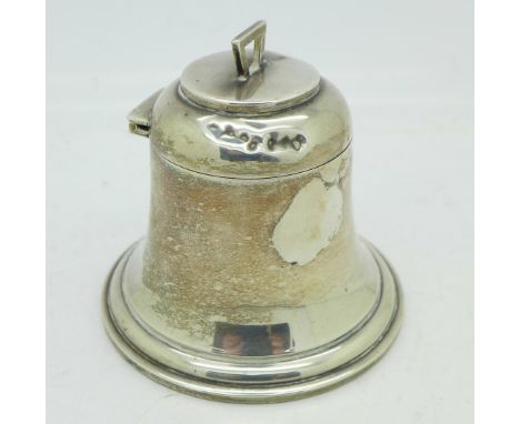 A silver inkwell in the shape of a bell, a/f