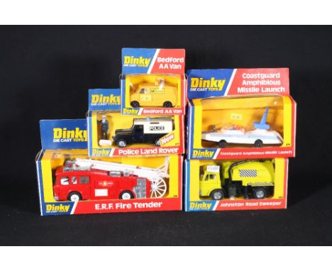 Dinky Toys 266 ERF Fire tender; 277 Police Land Rover; 412 Bedford AA Van; 674 Coast guard Amphibius Missile Launcher and 449