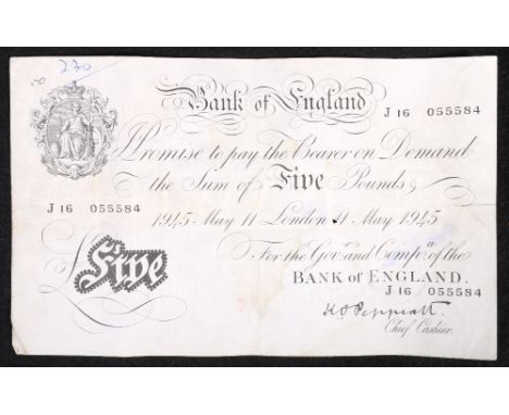 Bank of England £5 banknote 11th May 1945, Peppiatt J16 055584 BE92bThe back stamp "The Broadway ...Society"