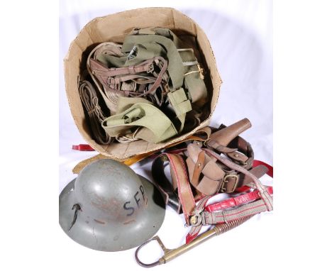 SFP steel helmet with liner, Sam Browne shoulder belt, army belts, pistol holsters, telescopic fishing gaff etcProvenance Cap