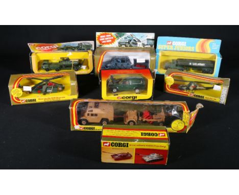 Corgi Toys 907 Sdkfz Rocket Launcher, 909 Quad Tractor Trailer and gun, 923 Sikorsky Skycrane Helicopter, 920 Bell AH-IG Heli