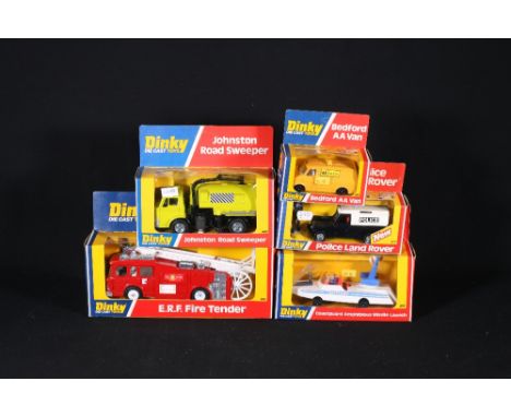 Dinky Toys 266 ERF Fire tender; 277 Police Land Rover; 412 Bedford AA Van; 674 Coast guard Amphibius Missile Launcher and 449