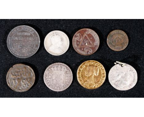 India Bikanir State silver rupee 1892?, Spain 2 Reales 1759. Morocco 2 Falus 1288, United Kingdom Charles II (1660-1685), sil