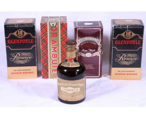 Five bottles including:  TULLIBARDINE 10 year old Pure Malt Scotch Whisky 75cl 40% vol.; two bottles of GLENFOYLE 12 year old