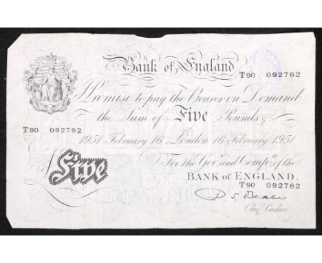 Bank of England £5 banknote 16th February 1951 Beale T90 092762 BE94bBack stamp The National Bank of Scotland, Dumfries