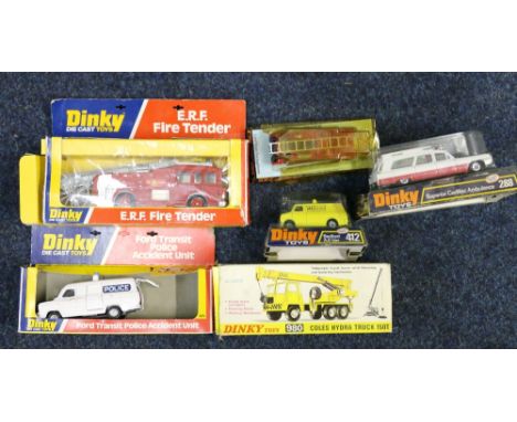 Six Dinky Toys die-cast model vehicles: 980 Cole's Hydro truck, 266 ERF fire tender, 269 Police Accident Unit, 288 Superior C