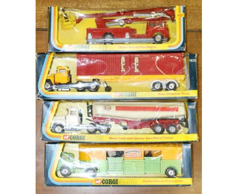Four Corgi Major model vehicles to include 1104 Bedford Horse transporter, 1106 Mack Container truck, 1127 Simon Snorkel fire