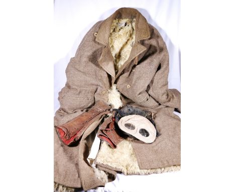 Sheepskin lined driving coat, J Lewis leather motoring helmet, a face mask with goggles and pair of leather gauntletsProvenan