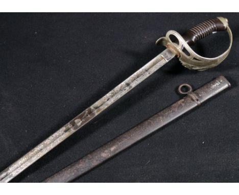 German sword with etched blade "Oldenb Dray Regt Nr 19" with scabbard, blade length 78cm. CONDITION REPORT: Scabbard 81cmBlad