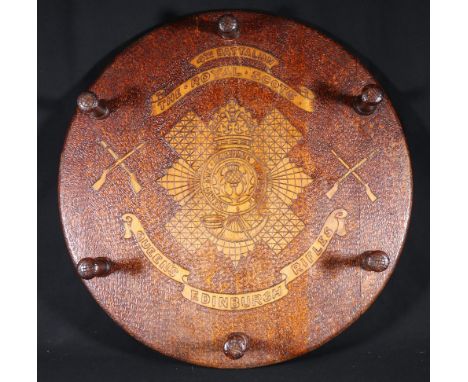 4th Battalion The Royal Scots Queen's Edinburgh Rifles circular pokerwork hat or coat rack, 56cm diameter
