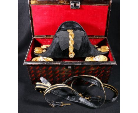 Naval Officers bicorn hat, size 71/4 by Gieves Ltd of London and Edinburgh and a belt with buckle and pair of epaulettes in m