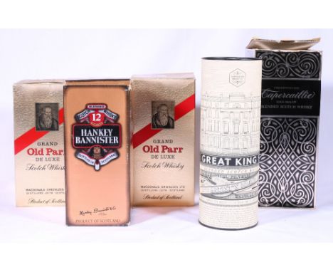 Five bottles including:  CAPERCAILLIE 100% Malt Blended Scotch Whisky 26 2/3 fl oz 70 proof, COMPASS BOX GREAT KING ST Blende