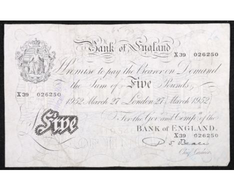 Bank of England £5 banknote, 27th March 1952 Beale X39 026250 BE94bBack Stamp R Marcus Ltd, Princess Street, Edinburgh