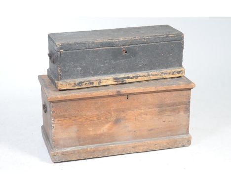 A Victorian pine blanket chest and a Victorian pine joiners toolboxThe blanket chest with a fitted candle box applied with si