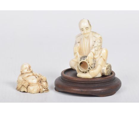 Two Japanese carved ivory Netsuke, early 20th CenturyCarved a street basket seller, 5cm high, signed, and another carving of 