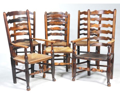 A matched set of six 18th century ash and beech ladder back kitchen chairsEach with an envelope rush seat raised on turned fr