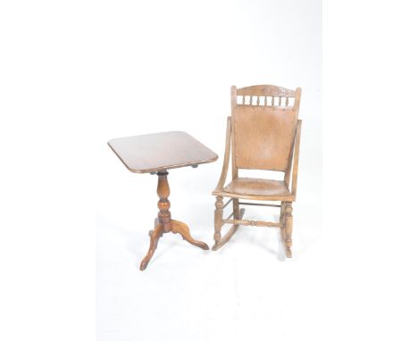 A 19th Century mahogany tripod table and Beech rocking chairThe tripod table with a rectangular tilting top raised on a balus