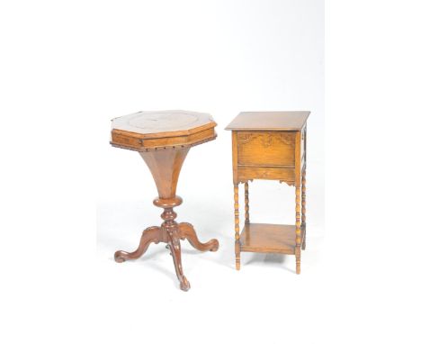 A Victorian burr walnut trumpet shaped sewing table and an oak sewing tableThe Victorian sewing table with an octagonal hinge