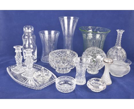  A White Friars green glass vase and quantity of decorative glassware To include a three piece dressing table set, two cut gl