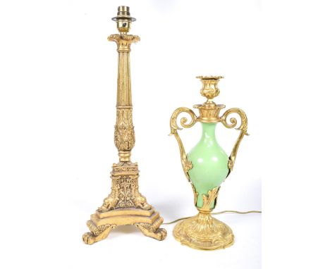 A gilt metal mount ceramic lamp base in the Louis XV style, early 20th century (AF)Lamp with twin handles, height 35cm, furth