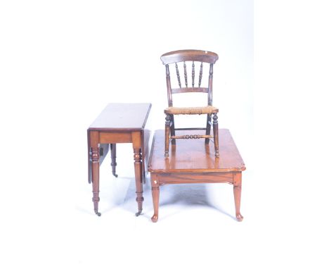 A 19th Century drop leaf table, coffee table and chairThe rectangular drop leaf table raised on ring turned legs with castors