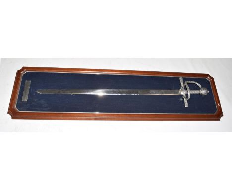 A good quality reproduction of a Sir Francis Drake's sword, 20th Century 94cm straight double edged blade, decorated with Roy