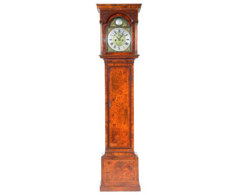 A stunning 18th century walnut cased eight day long case clock by John Hauksbee, LondonThe hood with a moulded cornice above 