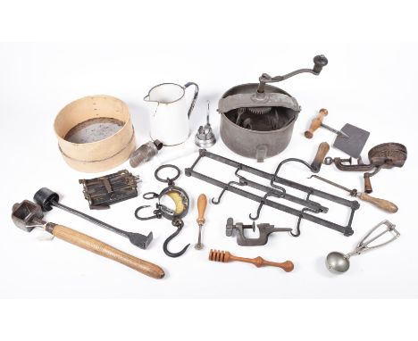 Collection of assorted kitchenalia, late 19th, early 20th centuryTo include a mill bowl complete with wooden handle, weighing