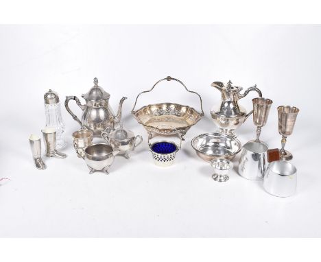 Collection of assorted EPNS ware, mid-20th centuryTo include hot water jug, teapot, cut glass sugar caster, goblets, riding b