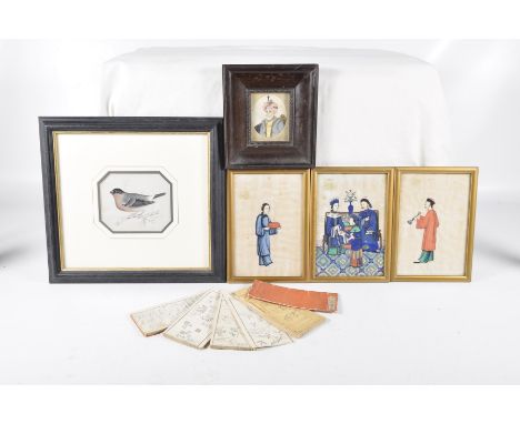 A small group of Chinese itemsTo include a rice paper drawing, a small bird perched in a branch, the second a musician playin