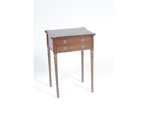 A Georgian style mahogany work table, 20th CenturyThe crossbanded rectangular top above two drawers each with brass ring hand