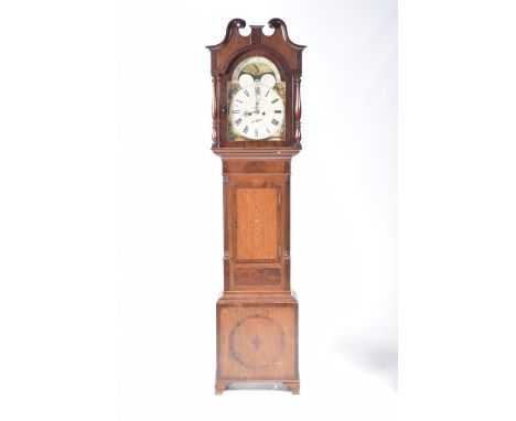 A George III oak and mahogany crossbanded longcase clock, G Wharmby, StockportThe case with a twin swan neck pediment above a