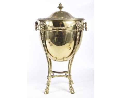 A fine quality Adams revival brass coal bucket on stand, early 20th centuryLid with olive branch decoration and finial, base 