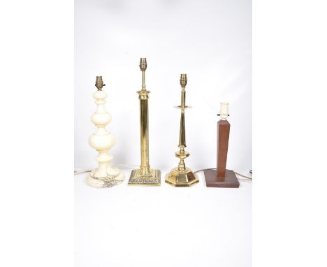 A collection of table lamps, late 20th centuryTo include a marble example height 42cm, two brass candlesticks, heights varyin