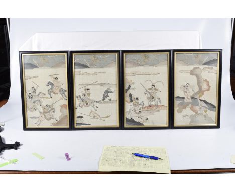A set of four Chinese 'folklore' panels, early to mid 20th Century Each rectangular framed panel, detailed with figural scene