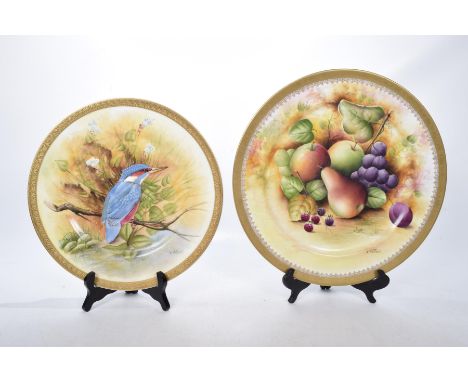 Two Brookdale fine bone china hand-painted plates, painted by J Mottram, late 20th centuryFirst 32cm plate decorated with fru